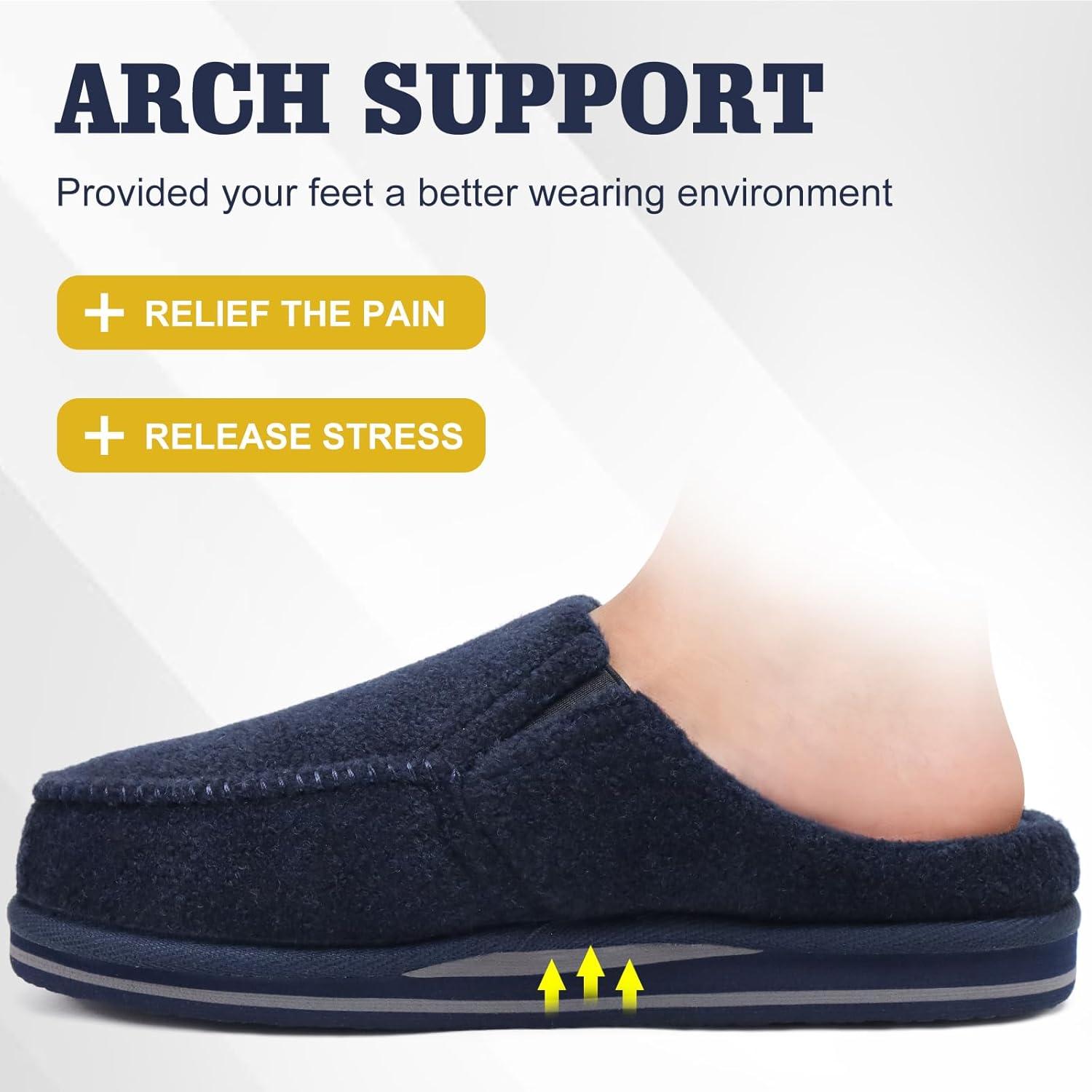 imageONCAI Mens Clog Slippers with Arch Support Stripe Faux Fur CottonBlend HighDensity Memory Foam Warm House Slippers Slipon Indoor Outdoor Rubber Sole Size 716Felt Blue