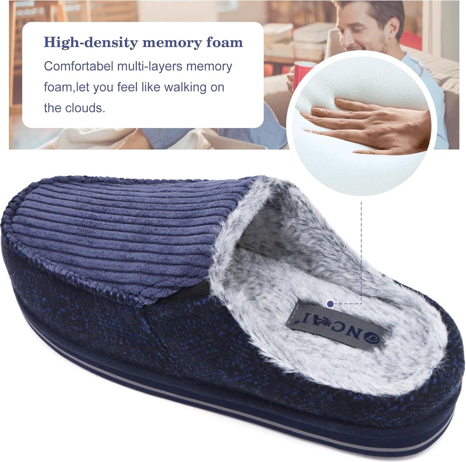 imageONCAI Mens Clog Slippers with Arch Support Stripe Faux Fur CottonBlend HighDensity Memory Foam Warm House Slippers Slipon Indoor Outdoor Rubber Sole Size 716Corduroy Blue