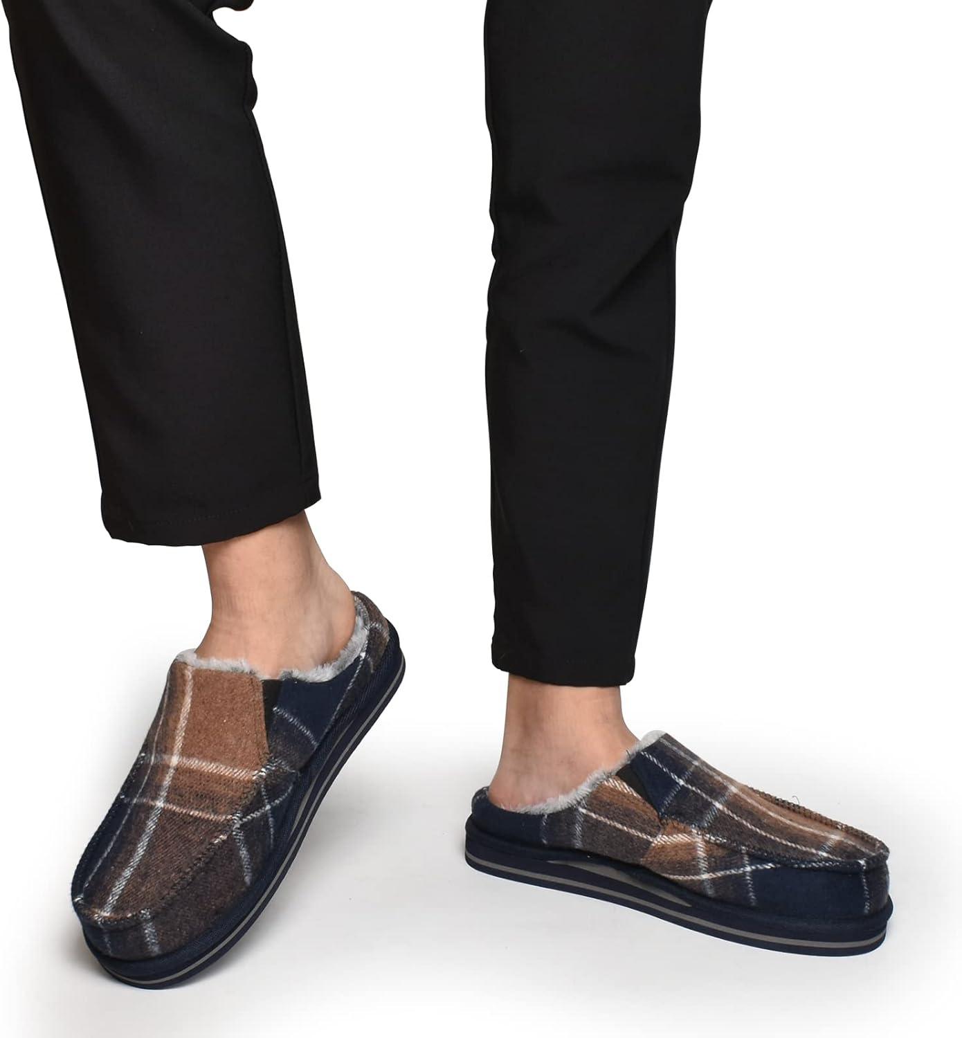 imageONCAI Mens Clog Slippers with Arch Support Stripe Faux Fur CottonBlend HighDensity Memory Foam Warm House Slippers Slipon Indoor Outdoor Rubber Sole Size 716Fade Blue