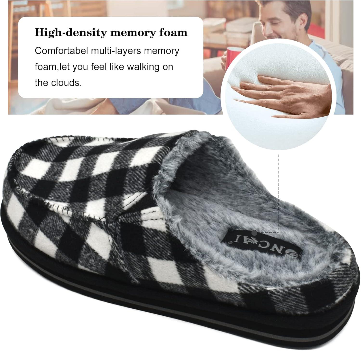 imageONCAI Mens Clog Slippers with Arch Support Stripe Faux Fur CottonBlend HighDensity Memory Foam Warm House Slippers Slipon Indoor Outdoor Rubber Sole Size 716Plaid BlackWhite