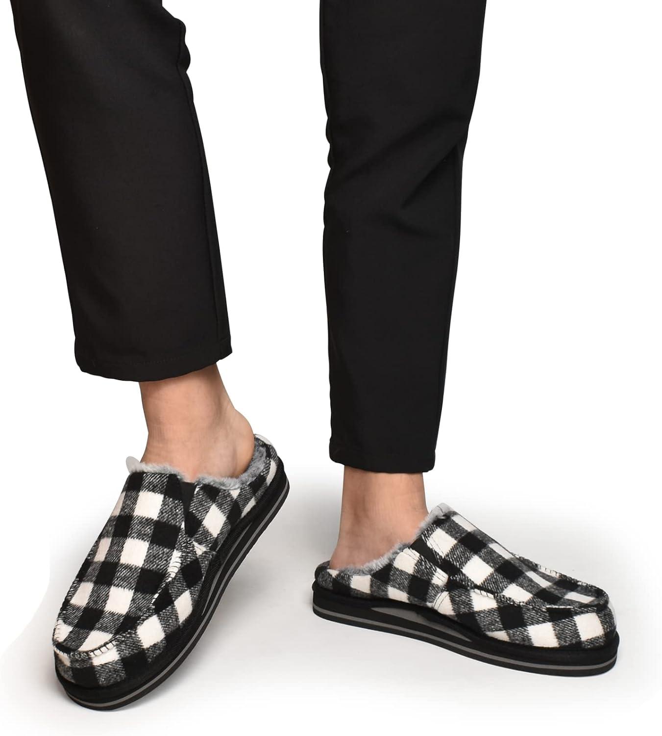 imageONCAI Mens Clog Slippers with Arch Support Stripe Faux Fur CottonBlend HighDensity Memory Foam Warm House Slippers Slipon Indoor Outdoor Rubber Sole Size 716Plaid BlackWhite