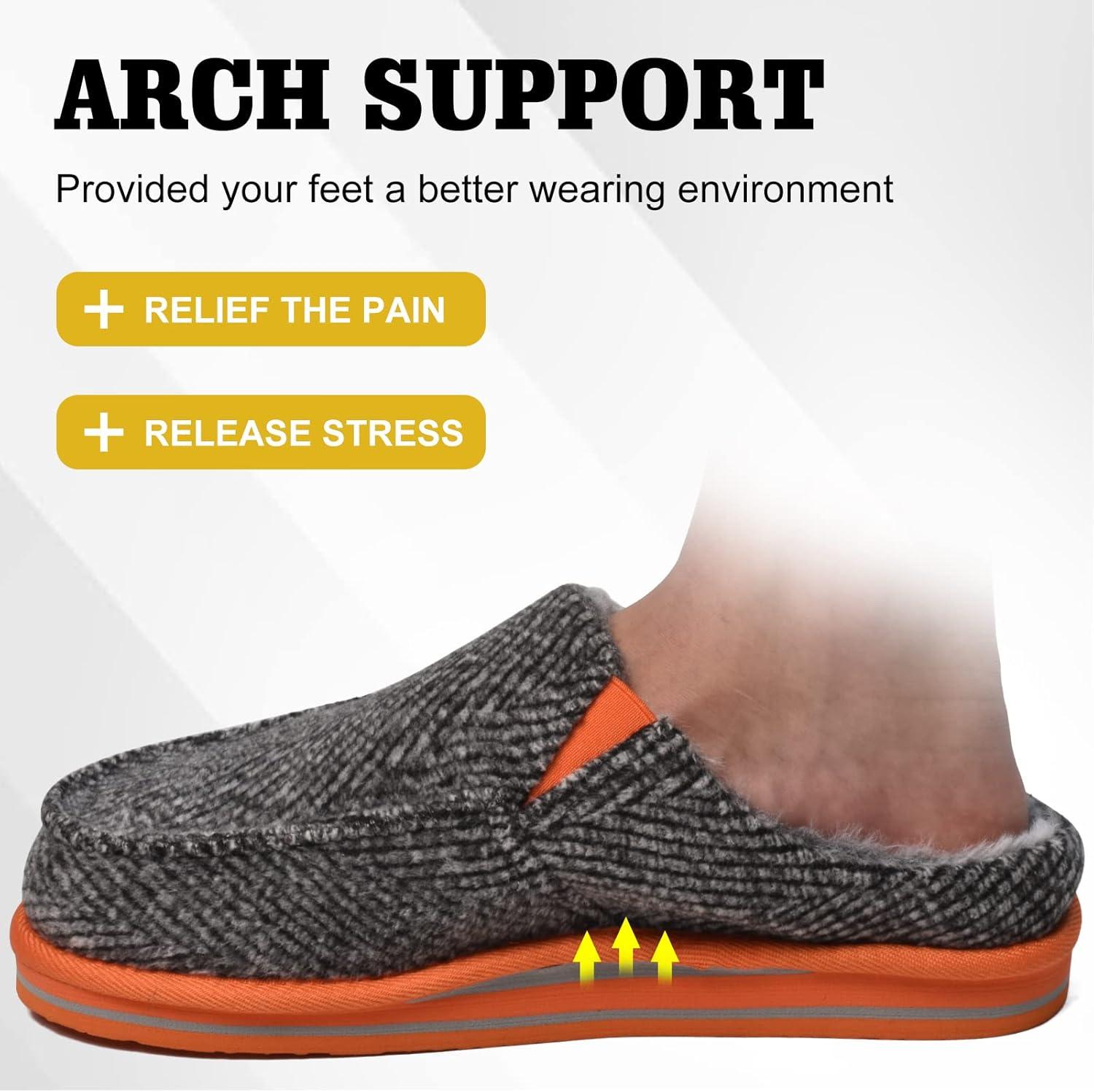 imageONCAI Mens Clog Slippers with Arch Support Stripe Faux Fur CottonBlend HighDensity Memory Foam Warm House Slippers Slipon Indoor Outdoor Rubber Sole Size 716GreyOrange