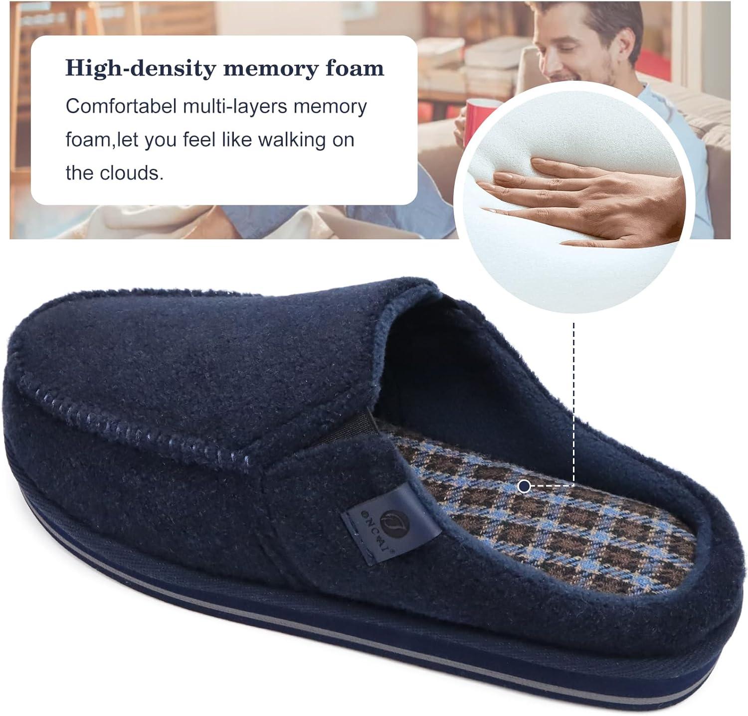 imageONCAI Mens Clog Slippers with Arch Support Stripe Faux Fur CottonBlend HighDensity Memory Foam Warm House Slippers Slipon Indoor Outdoor Rubber Sole Size 716Felt Blue