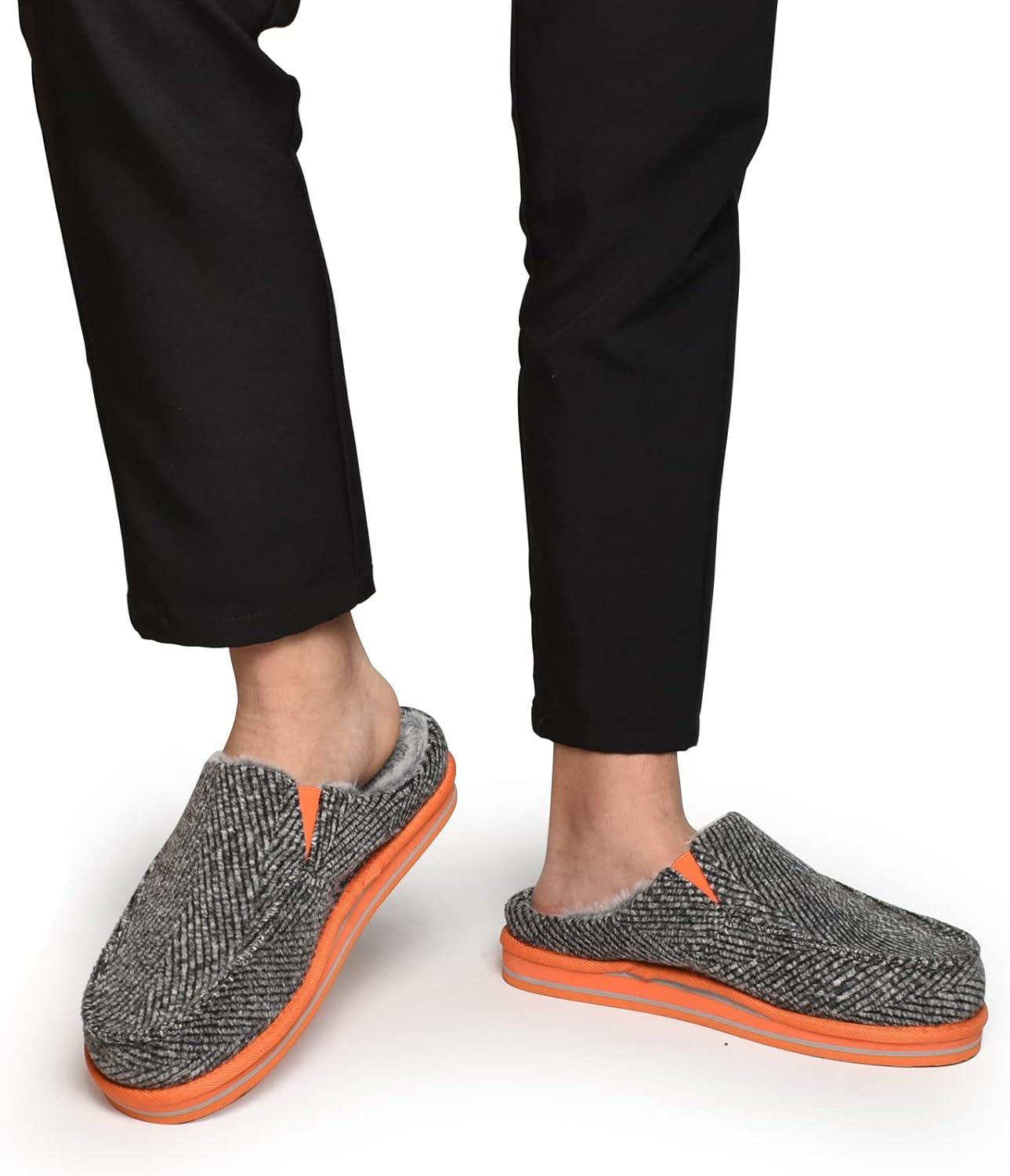 imageONCAI Mens Clog Slippers with Arch Support Stripe Faux Fur CottonBlend HighDensity Memory Foam Warm House Slippers Slipon Indoor Outdoor Rubber Sole Size 716GreyOrange