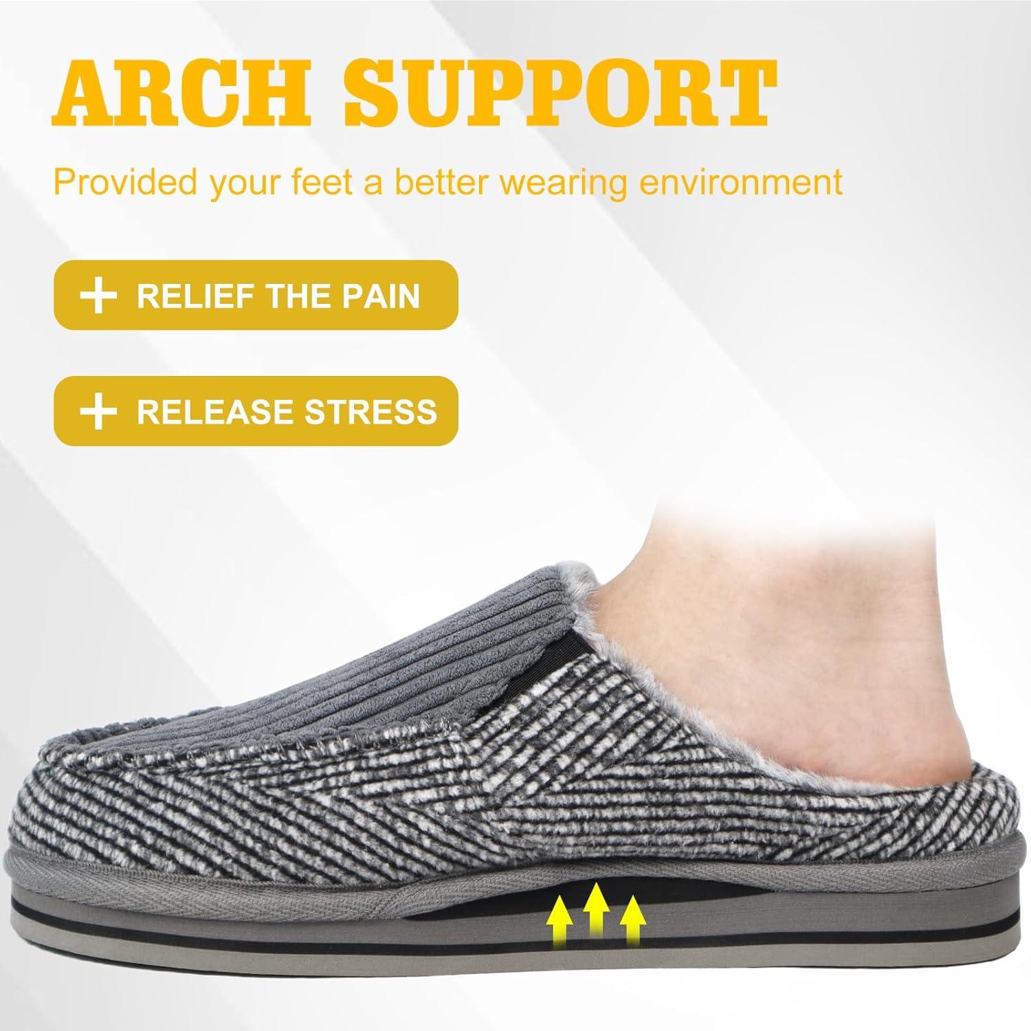 imageONCAI Mens Clog Slippers with Arch Support Stripe Faux Fur CottonBlend HighDensity Memory Foam Warm House Slippers Slipon Indoor Outdoor Rubber Sole Size 716Corduroy Grey