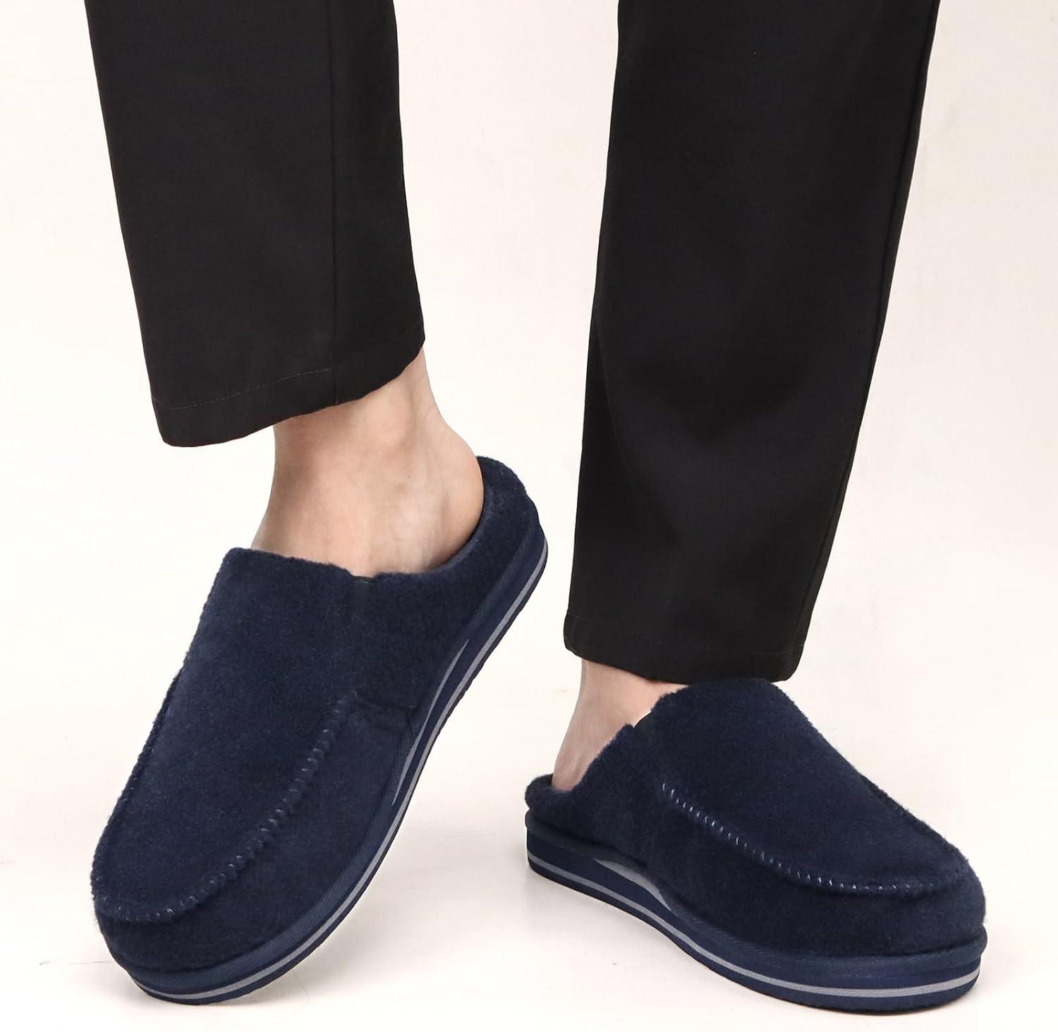 imageONCAI Mens Clog Slippers with Arch Support Stripe Faux Fur CottonBlend HighDensity Memory Foam Warm House Slippers Slipon Indoor Outdoor Rubber Sole Size 716Felt Blue