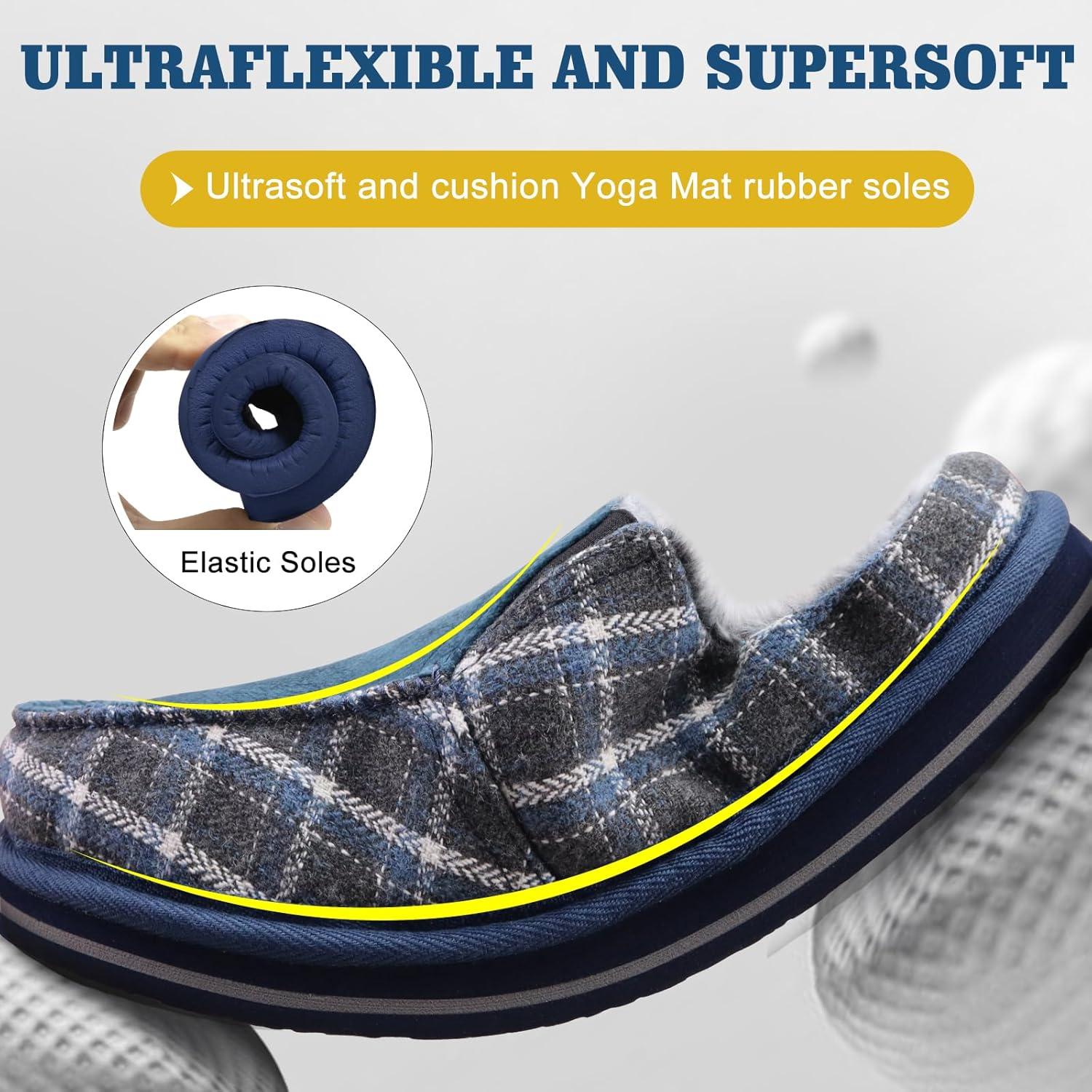 imageONCAI Mens Clog Slippers with Arch Support Stripe Faux Fur CottonBlend HighDensity Memory Foam Warm House Slippers Slipon Indoor Outdoor Rubber Sole Size 716Fur Plaid Blue