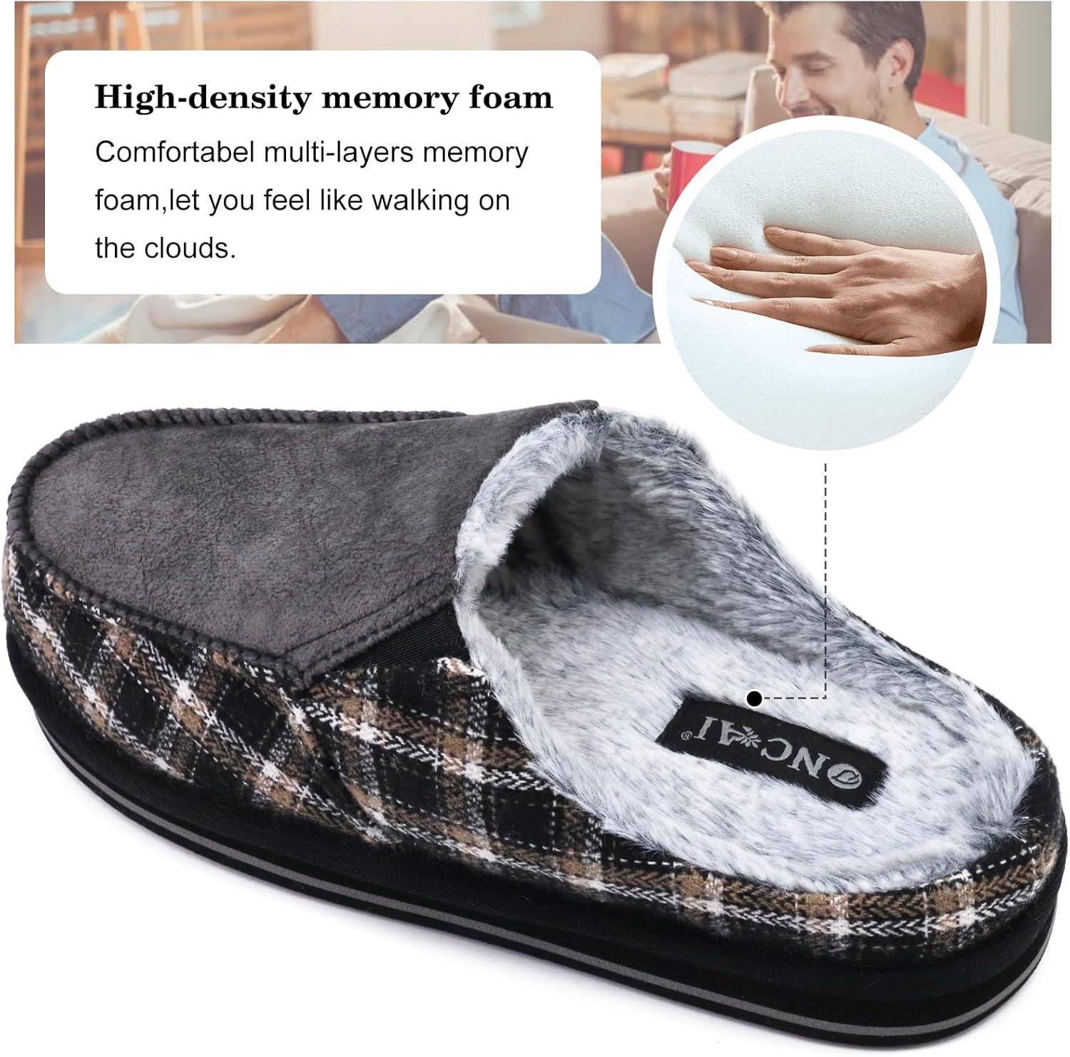 imageONCAI Mens Clog Slippers with Arch Support Stripe Faux Fur CottonBlend HighDensity Memory Foam Warm House Slippers Slipon Indoor Outdoor Rubber Sole Size 716Fur Plaid Black
