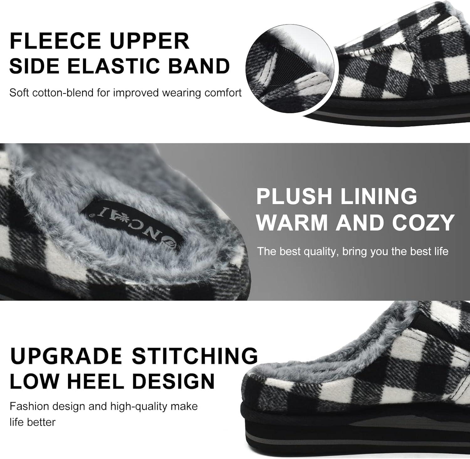 imageONCAI Mens Clog Slippers with Arch Support Stripe Faux Fur CottonBlend HighDensity Memory Foam Warm House Slippers Slipon Indoor Outdoor Rubber Sole Size 716Plaid BlackWhite