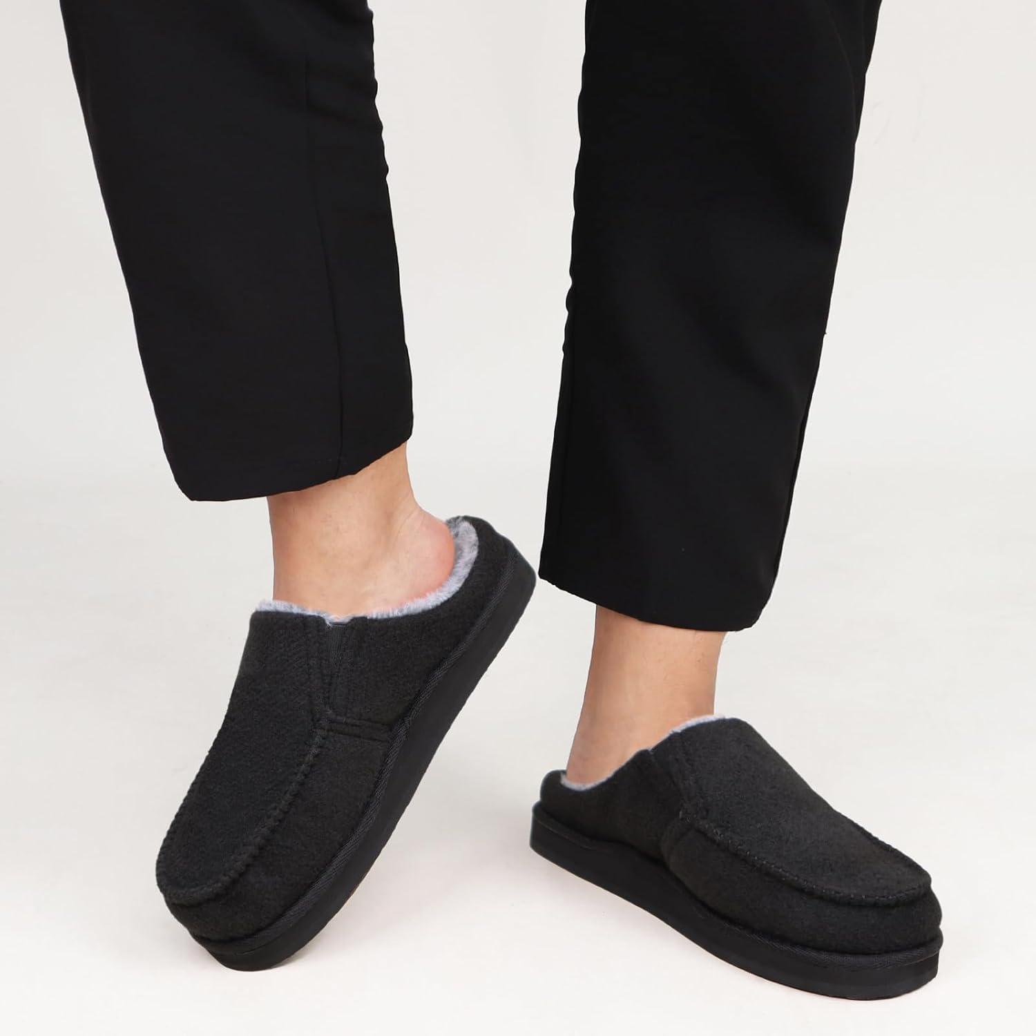 imageONCAI Mens Clog Slippers with Arch Support Stripe Faux Fur CottonBlend HighDensity Memory Foam Warm House Slippers Slipon Indoor Outdoor Rubber Sole Size 716Fur Felt Black