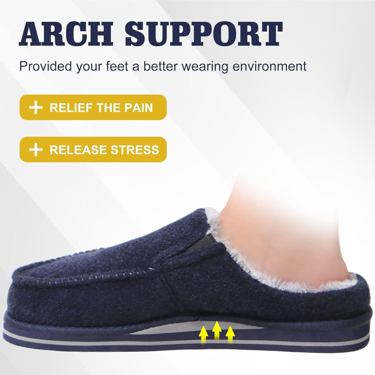 imageONCAI Mens Clog Slippers with Arch Support Stripe Faux Fur CottonBlend HighDensity Memory Foam Warm House Slippers Slipon Indoor Outdoor Rubber Sole Size 716Fur Felt Blue