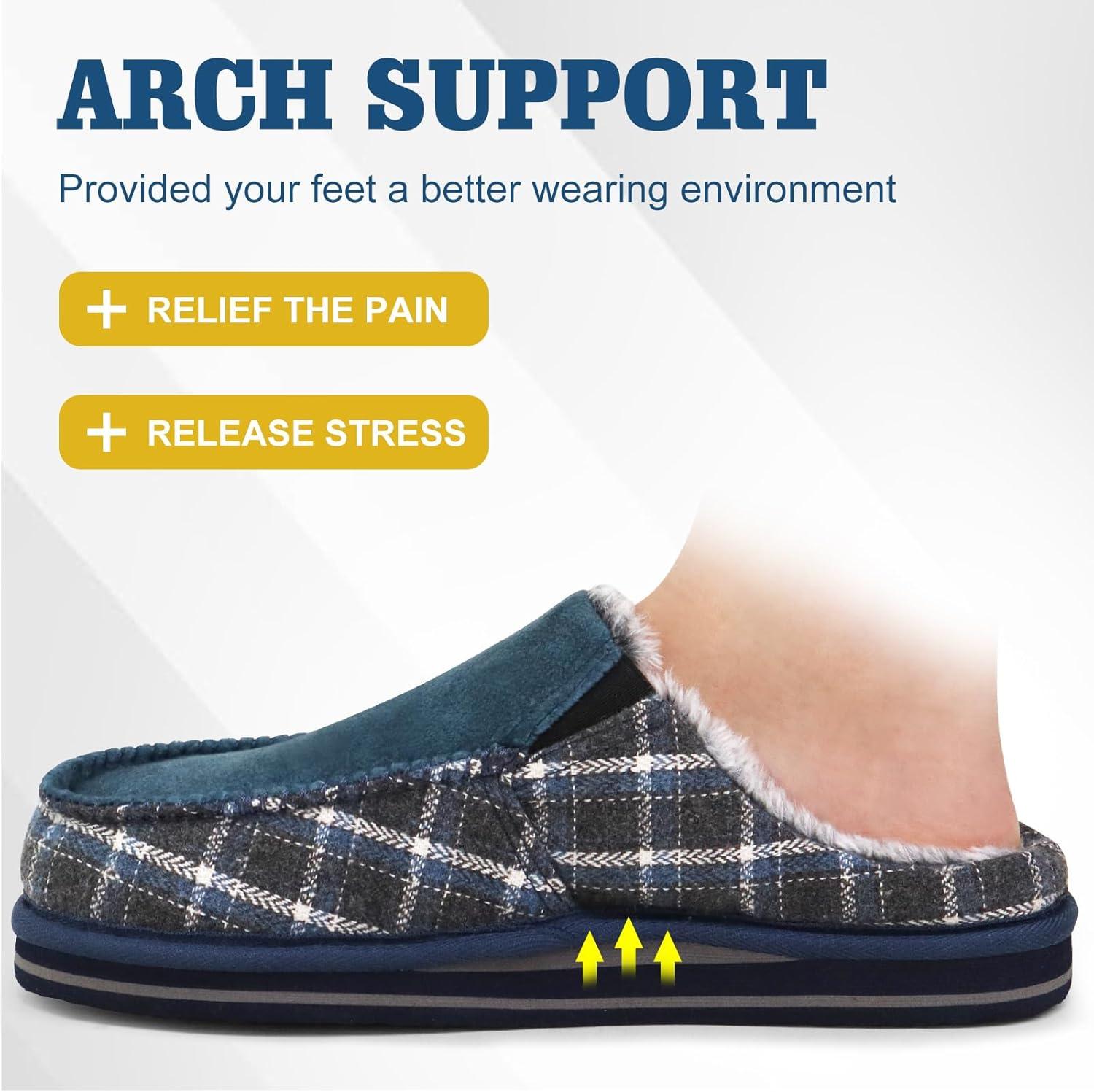 imageONCAI Mens Clog Slippers with Arch Support Stripe Faux Fur CottonBlend HighDensity Memory Foam Warm House Slippers Slipon Indoor Outdoor Rubber Sole Size 716Fur Plaid Blue