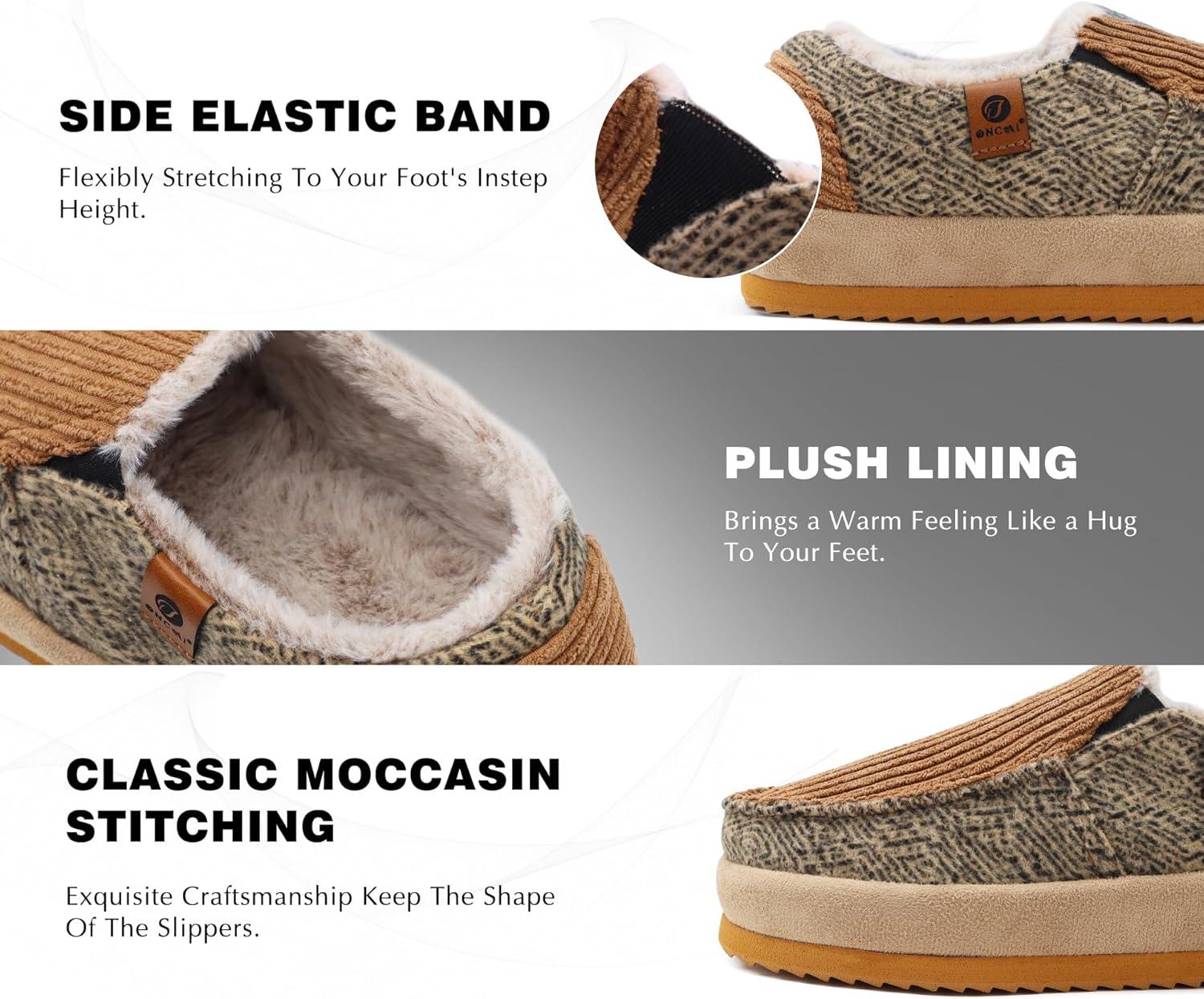 imageONCAI Mens Clog Slippers with Arch Support Stripe Faux Fur CottonBlend HighDensity Memory Foam Warm House Slippers Slipon Indoor Outdoor Rubber Sole Size 716Moccasins Corduroy Khaki