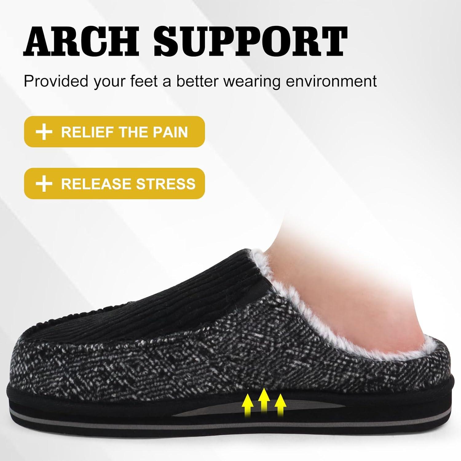 imageONCAI Mens Clog Slippers with Arch Support Stripe Faux Fur CottonBlend HighDensity Memory Foam Warm House Slippers Slipon Indoor Outdoor Rubber Sole Size 716Corduroy Black