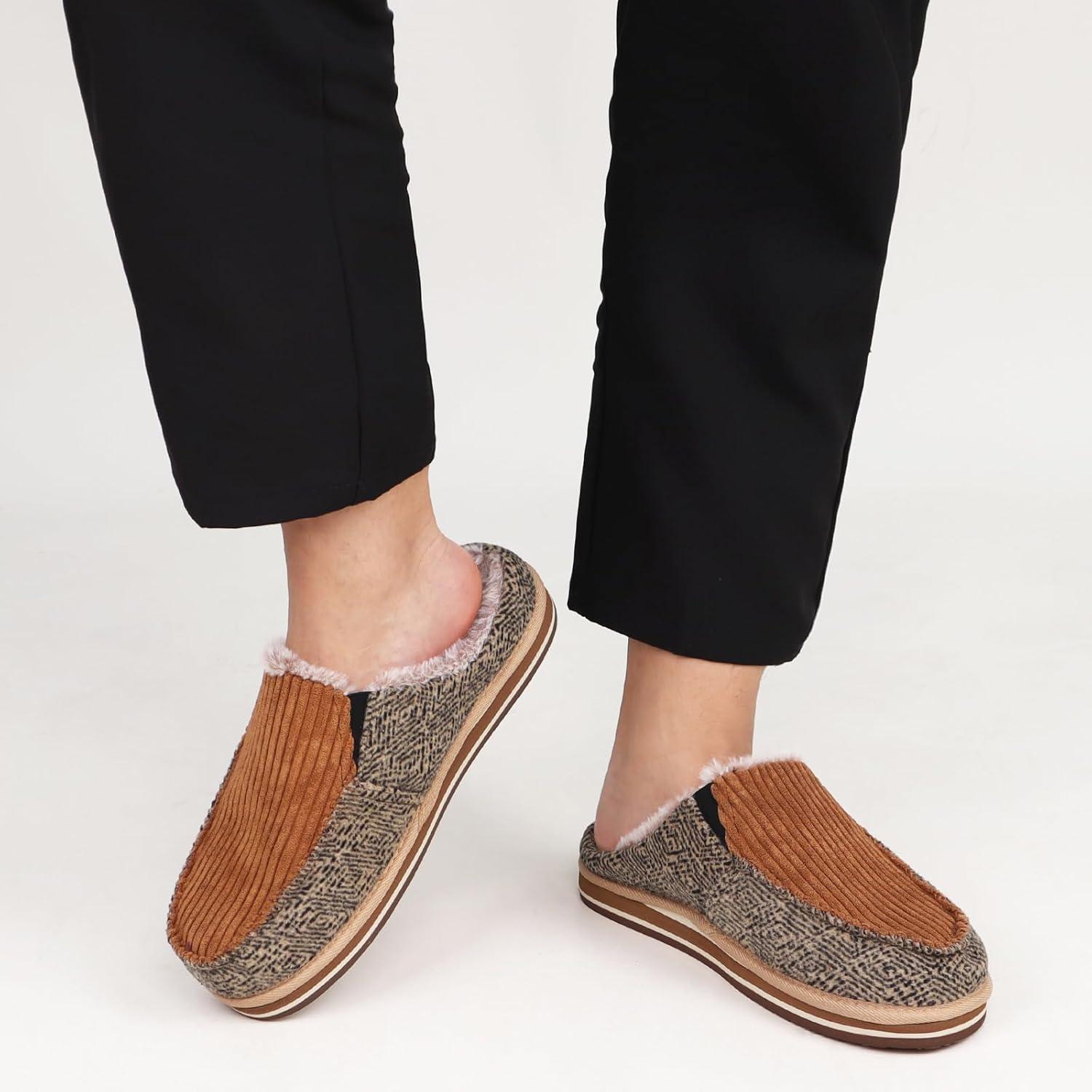 imageONCAI Mens Clog Slippers with Arch Support Stripe Faux Fur CottonBlend HighDensity Memory Foam Warm House Slippers Slipon Indoor Outdoor Rubber Sole Size 716Corduroy Khaki