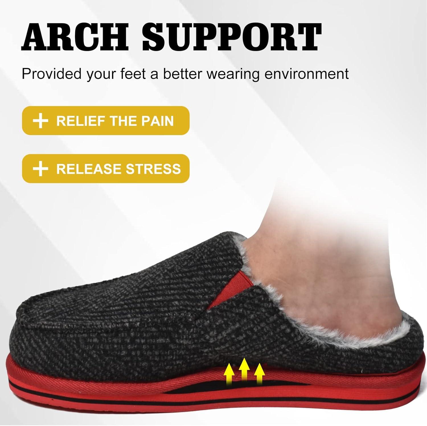 imageONCAI Mens Clog Slippers with Arch Support Stripe Faux Fur CottonBlend HighDensity Memory Foam Warm House Slippers Slipon Indoor Outdoor Rubber Sole Size 716BlackRed