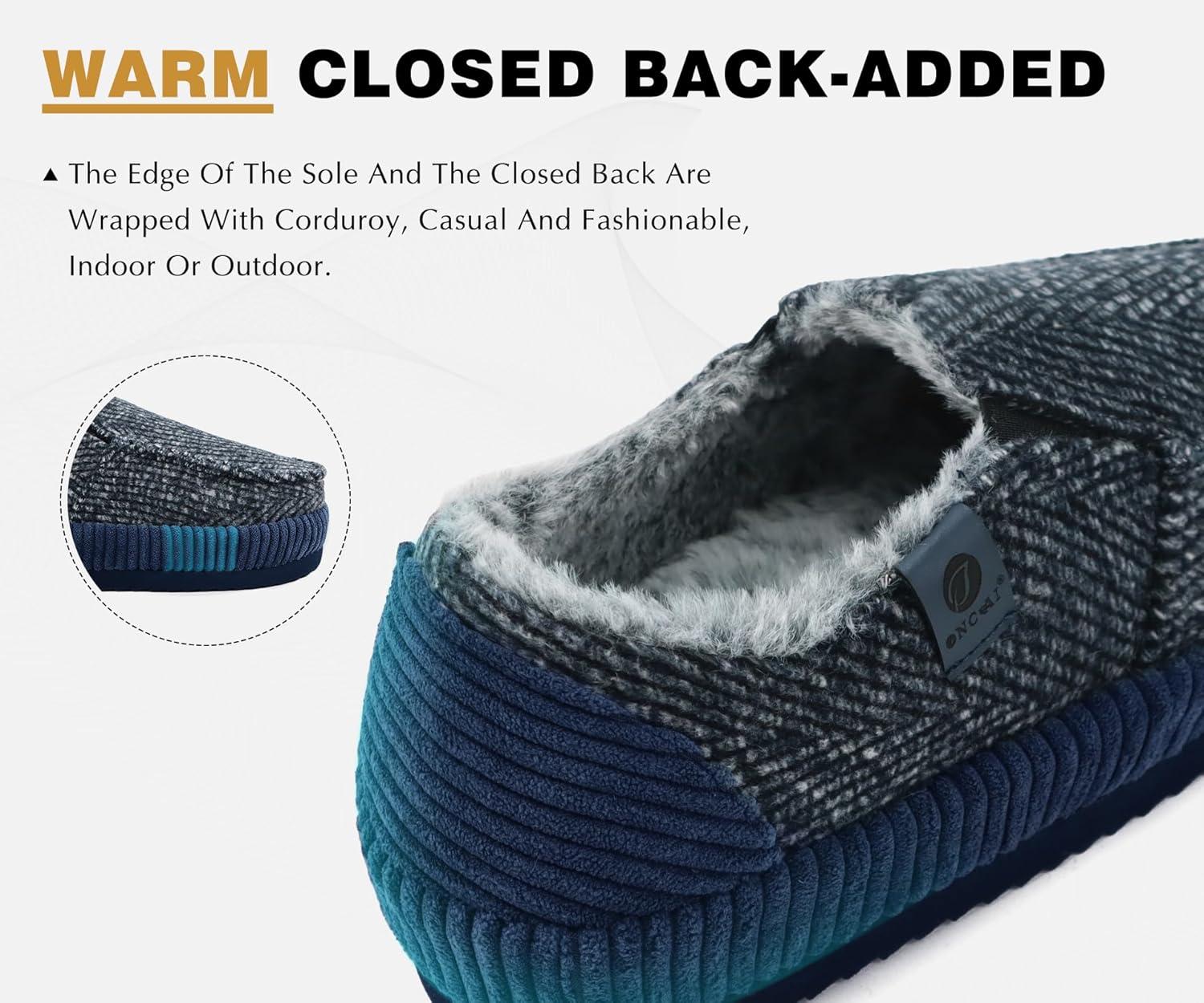 imageONCAI Mens Clog Slippers with Arch Support Stripe Faux Fur CottonBlend HighDensity Memory Foam Warm House Slippers Slipon Indoor Outdoor Rubber Sole Size 716Moccasins BlueWhite