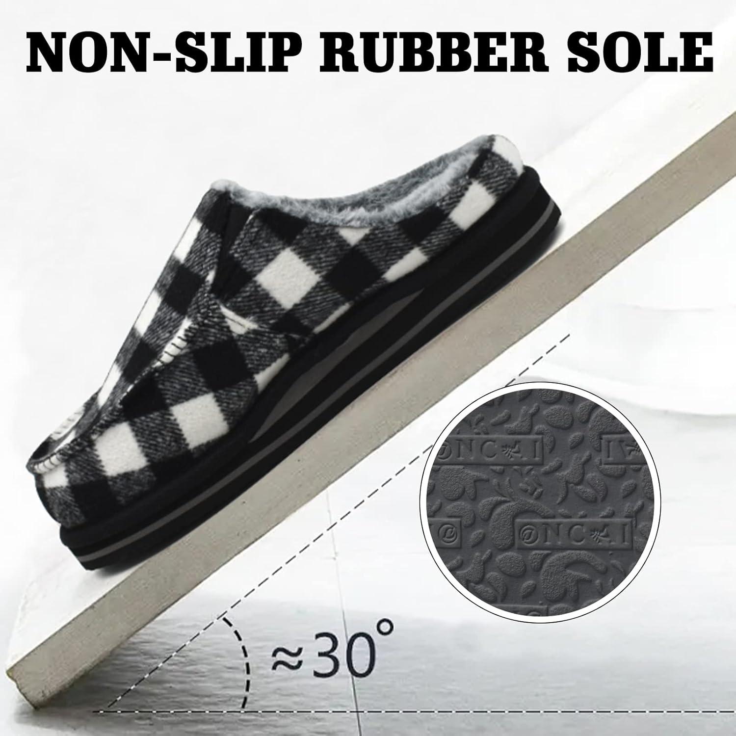 imageONCAI Mens Clog Slippers with Arch Support Stripe Faux Fur CottonBlend HighDensity Memory Foam Warm House Slippers Slipon Indoor Outdoor Rubber Sole Size 716Plaid BlackWhite