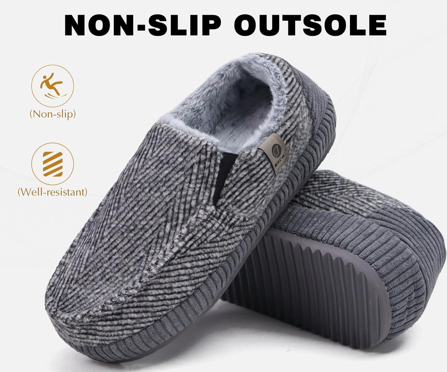 imageONCAI Mens Clog Slippers with Arch Support Stripe Faux Fur CottonBlend HighDensity Memory Foam Warm House Slippers Slipon Indoor Outdoor Rubber Sole Size 716Moccasins GreyWhite