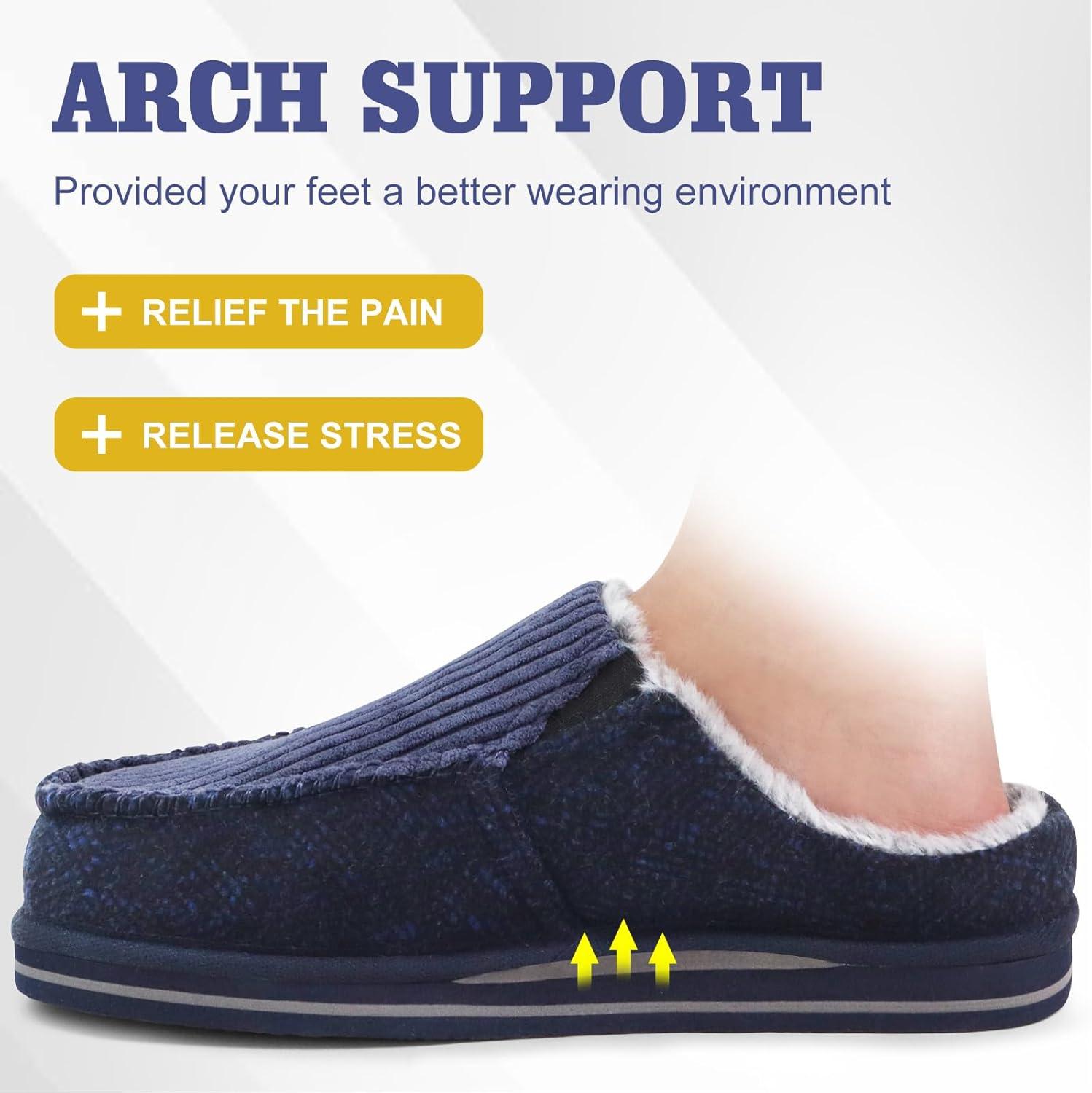 imageONCAI Mens Clog Slippers with Arch Support Stripe Faux Fur CottonBlend HighDensity Memory Foam Warm House Slippers Slipon Indoor Outdoor Rubber Sole Size 716Corduroy Blue