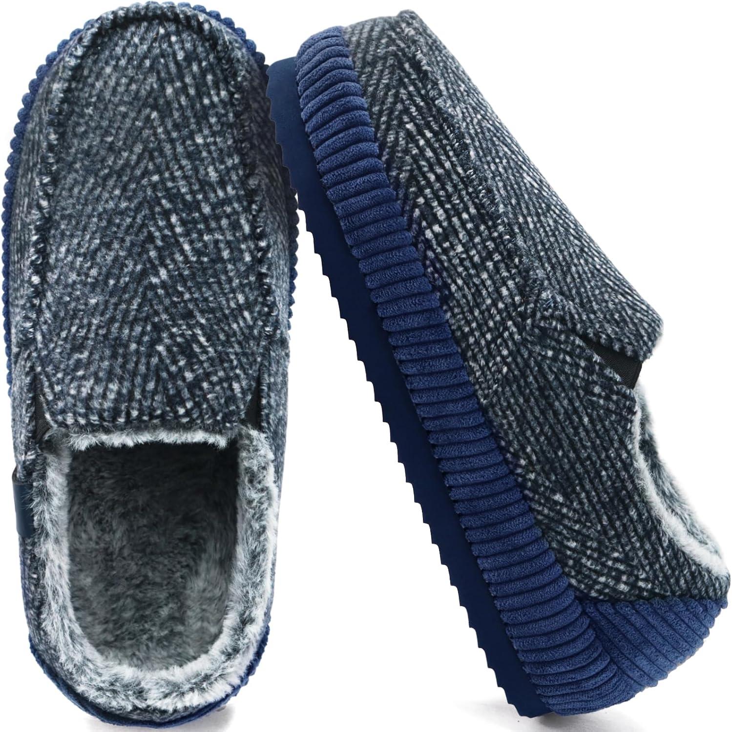 imageONCAI Mens Clog Slippers with Arch Support Stripe Faux Fur CottonBlend HighDensity Memory Foam Warm House Slippers Slipon Indoor Outdoor Rubber Sole Size 716Moccasins BlueWhite