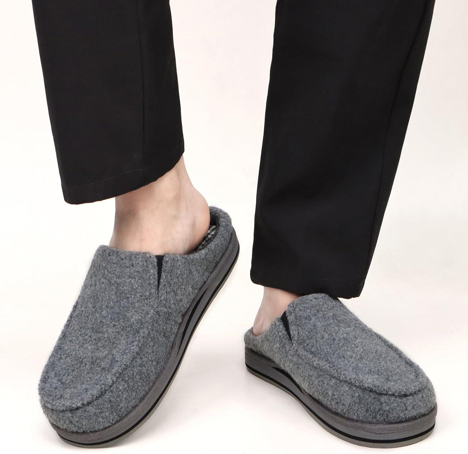 imageONCAI Mens Clog Slippers with Arch Support Stripe Faux Fur CottonBlend HighDensity Memory Foam Warm House Slippers Slipon Indoor Outdoor Rubber Sole Size 716Felt Grey