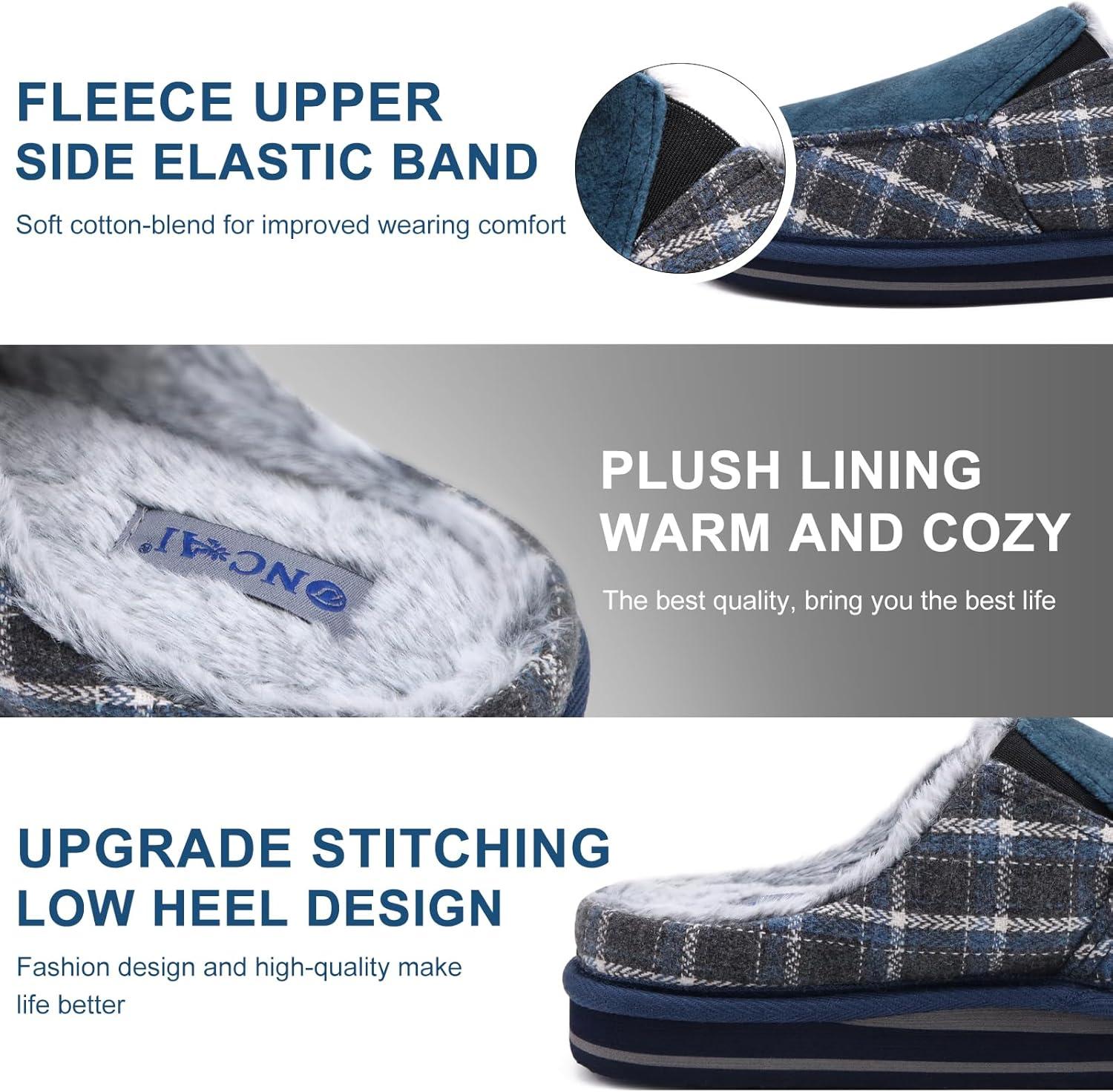 imageONCAI Mens Clog Slippers with Arch Support Stripe Faux Fur CottonBlend HighDensity Memory Foam Warm House Slippers Slipon Indoor Outdoor Rubber Sole Size 716Fur Plaid Blue