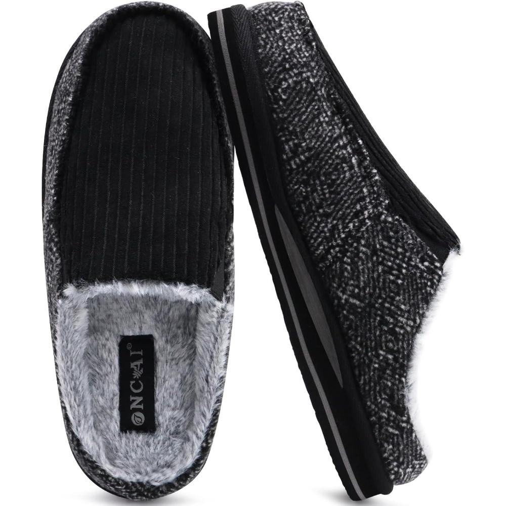 imageONCAI Mens Clog Slippers with Arch Support Stripe Faux Fur CottonBlend HighDensity Memory Foam Warm House Slippers Slipon Indoor Outdoor Rubber Sole Size 716Corduroy Black