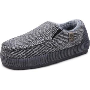 ONCAI Mens Clog Slippers with Arch Support Stripe Faux Fur Cotton-Blend High-Density Memory Foam Warm House Slippers Slip-on Indoor Outdoor Rubber Sole Size 7-16(Moccasins Grey/White)