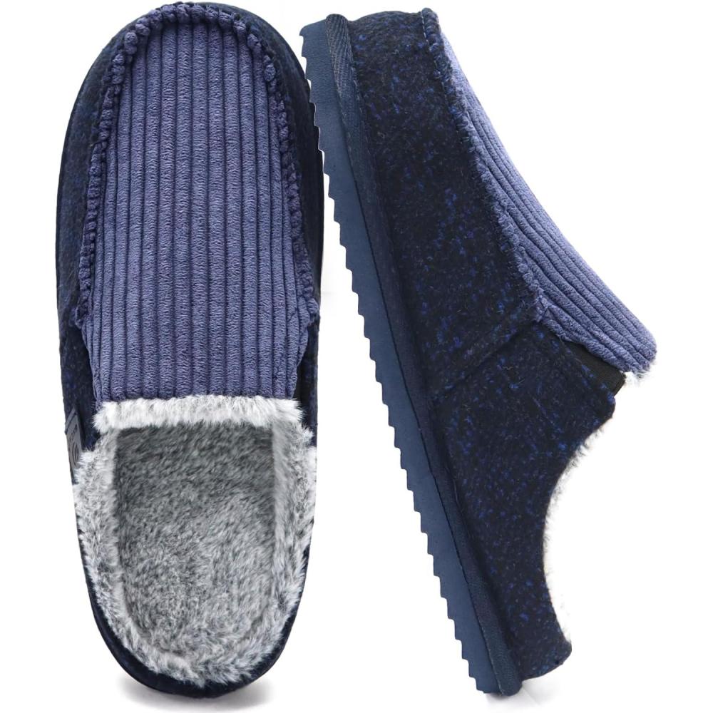 imageONCAI Mens SlippersWarm Comfort Memory Foam CottonBlend Corduroy Stripe Faux Fur House Shoes for Man IndoorOutdoor with Nonslip Rubber Soles US Size 716Corduroy Blue