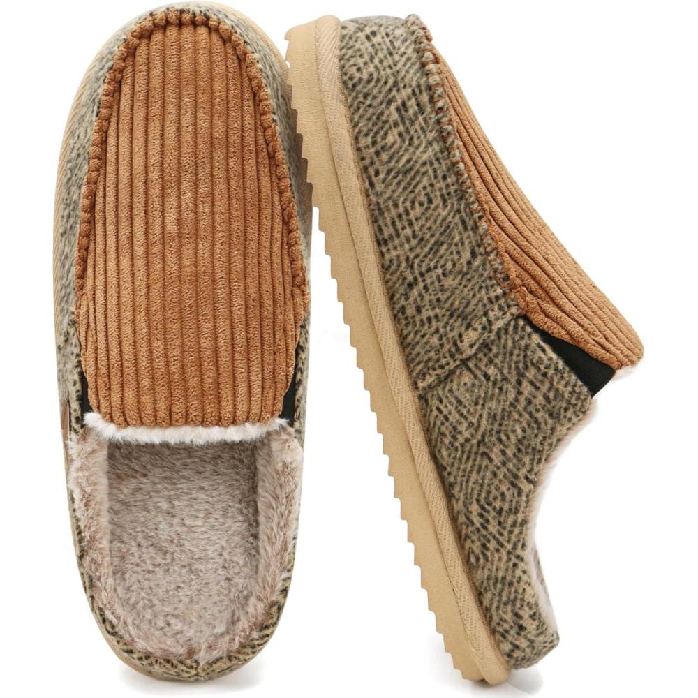imageONCAI Mens SlippersWarm Comfort Memory Foam CottonBlend Corduroy Stripe Faux Fur House Shoes for Man IndoorOutdoor with Nonslip Rubber Soles US Size 716Corduroy Khaki