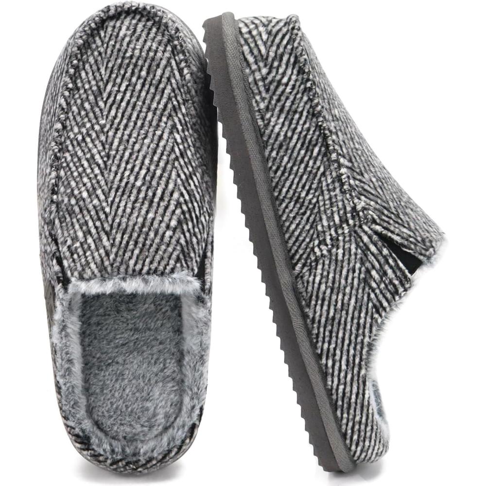 imageONCAI Mens SlippersWarm Comfort Memory Foam CottonBlend Corduroy Stripe Faux Fur House Shoes for Man IndoorOutdoor with Nonslip Rubber Soles US Size 716Stripes Grey