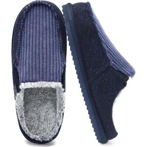ONCAI Mens Slippers,Warm Comfort Memory Foam Cotton-Blend Corduroy Stripe Faux Fur House Shoes for Man Indoor/Outdoor with Non-slip Rubber Soles US Size 7-16(Corduroy Blue)