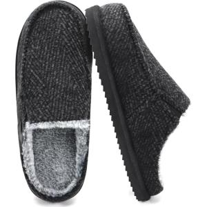 ONCAI Mens Slippers,Warm Comfort Memory Foam Cotton-Blend Corduroy Stripe Faux Fur House Shoes for Man Indoor/Outdoor with Non-slip Rubber Soles US Size 7-16(Stripes Black)