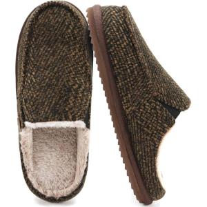 ONCAI Mens Slippers,Warm Comfort Memory Foam Cotton-Blend Corduroy Stripe Faux Fur House Shoes for Man Indoor/Outdoor with Non-slip Rubber Soles US Size 7-16(Stripes Brown)