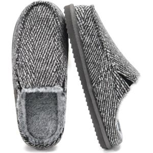 ONCAI Mens Slippers,Warm Comfort Memory Foam Cotton-Blend Corduroy Stripe Faux Fur House Shoes for Man Indoor/Outdoor with Non-slip Rubber Soles US Size 7-16(Stripes Grey)