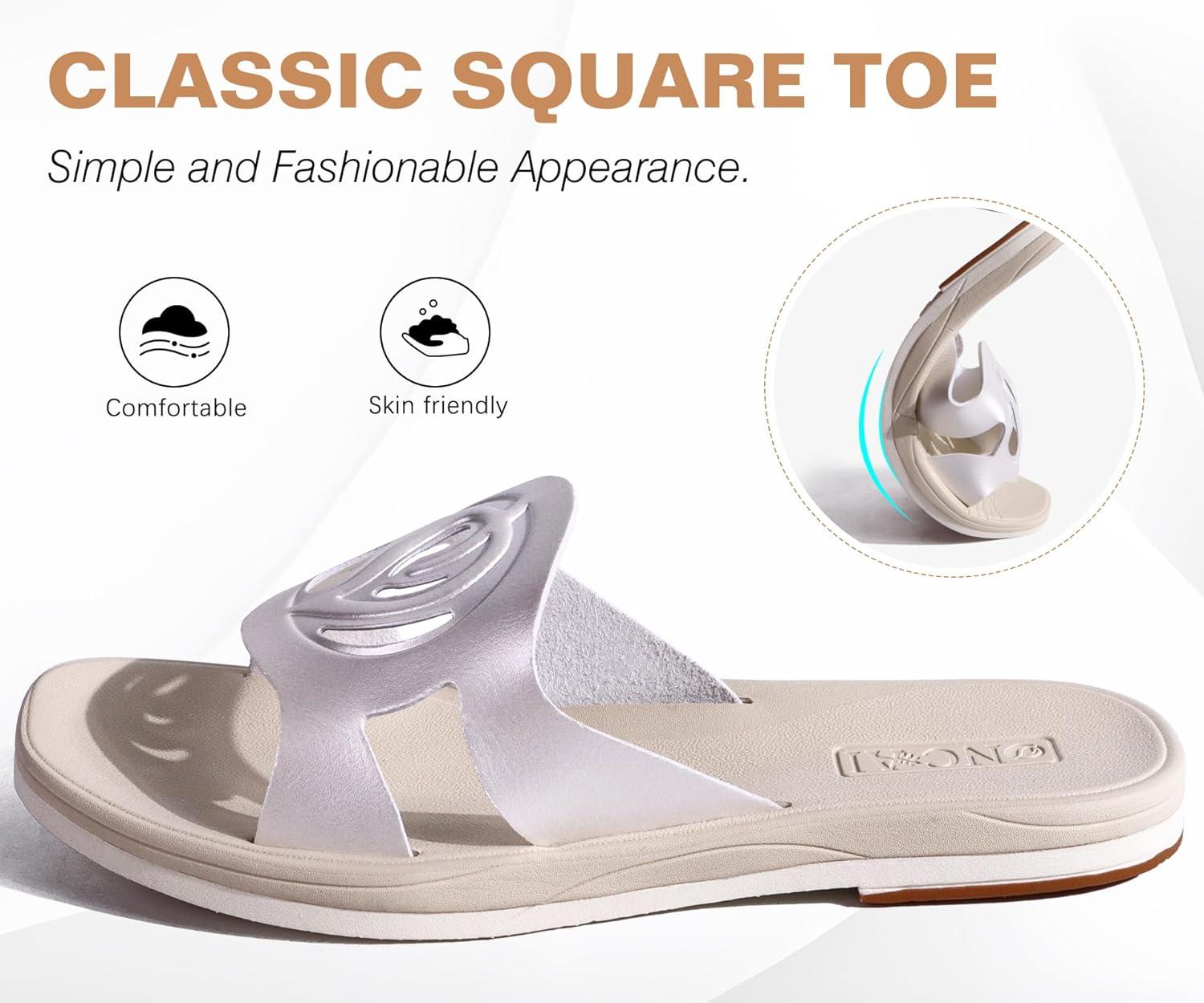 image:imageONCAI Slides for WomensFlat Dressy Square Toe Summer Beach Sandals for Woman with Comfortable Nonslip Rubber Soles Size 611Fashion Off White