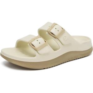 ONCAI Womens Recovery Sandals with Arch Support Plantar Fasciitis Orthotic Adjustable Buckle Open Toe Thick Cushion Outdoor Girls Sport Slides Athletic Summer Comfortable Rubber Soles Size US 6-11(White/Beige)