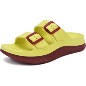 ONCAI Womens Recovery Sandals with Arch Support Plantar Fasciitis Orthotic Adjustable Buckle Open Toe Thick Cushion Outdoor Girls Sport Slides Athletic Summer Comfortable Rubber Soles Size US 6-11(Yellow/Wine Red)