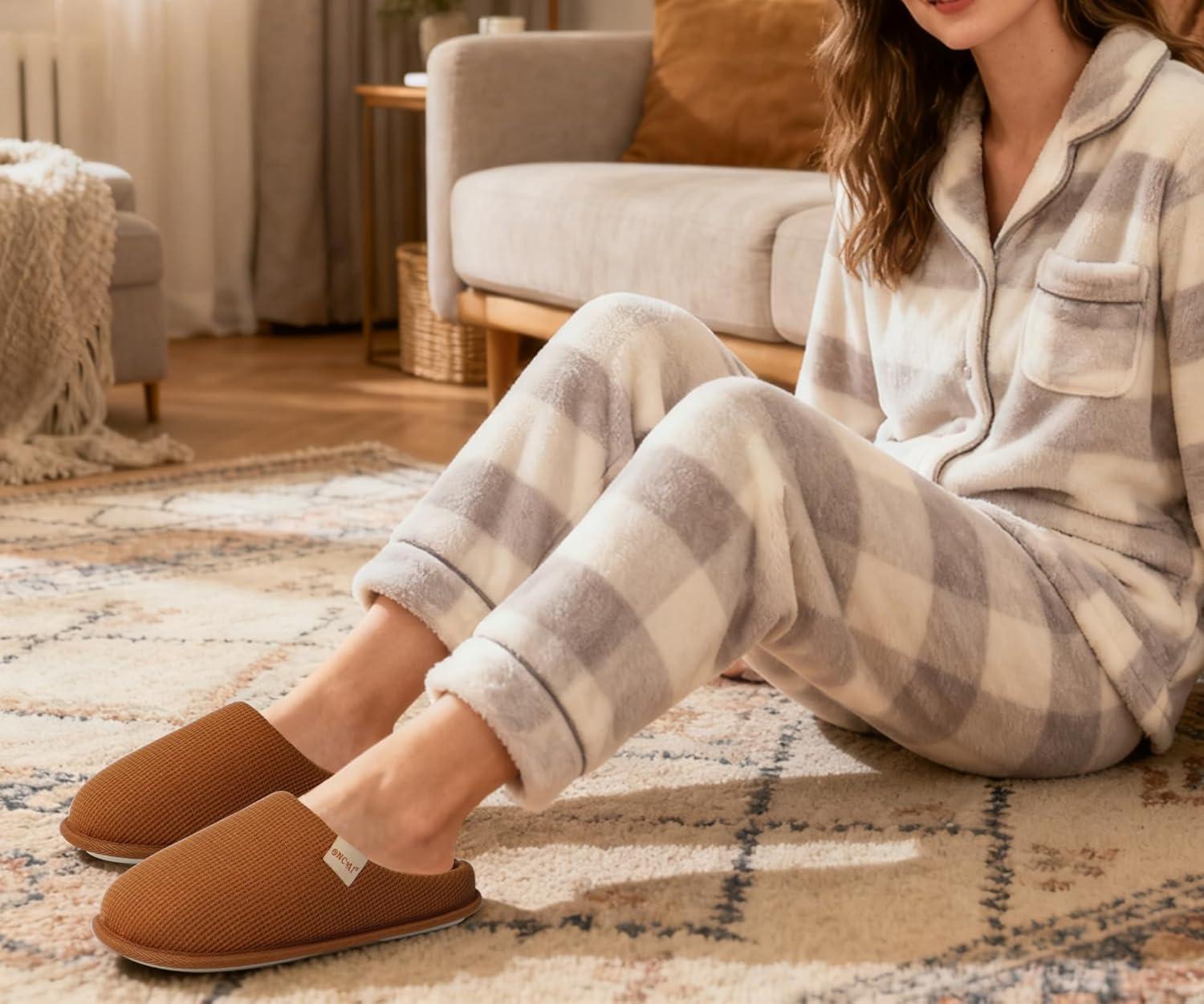 image:imageONCAI Womens House Slippers Cushion Memory Foam Waffle Upper Home Comfortable Warm Winter Cozy Soft Lightweight Indoor Best House Shoes Nonslip Rubber Sole US Size 511Dark Khaki