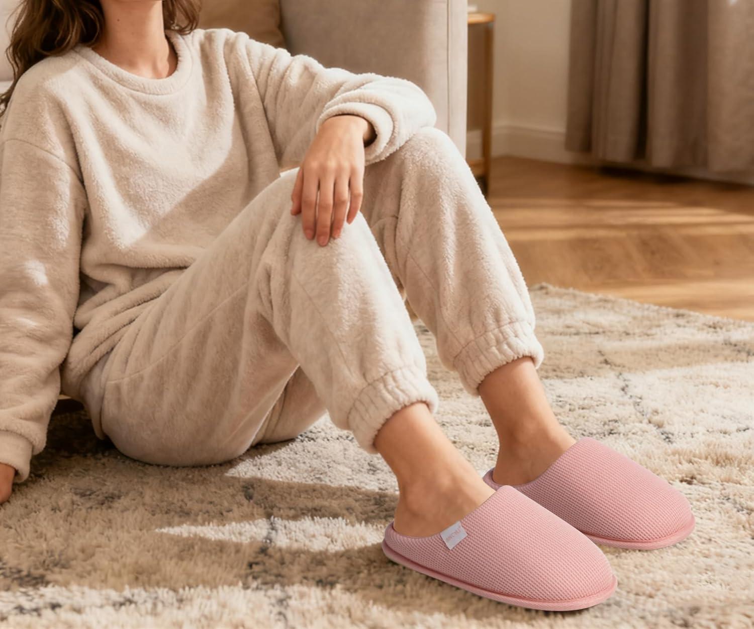 image:imageONCAI Womens House Slippers Cushion Memory Foam Waffle Upper Home Comfortable Warm Winter Cozy Soft Lightweight Indoor Best House Shoes Nonslip Rubber Sole US Size 511Light Pink