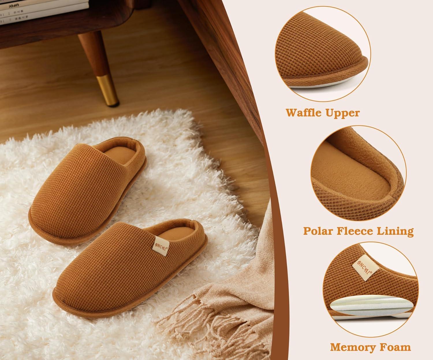 image:imageONCAI Womens House Slippers Cushion Memory Foam Waffle Upper Home Comfortable Warm Winter Cozy Soft Lightweight Indoor Best House Shoes Nonslip Rubber Sole US Size 511Dark Khaki