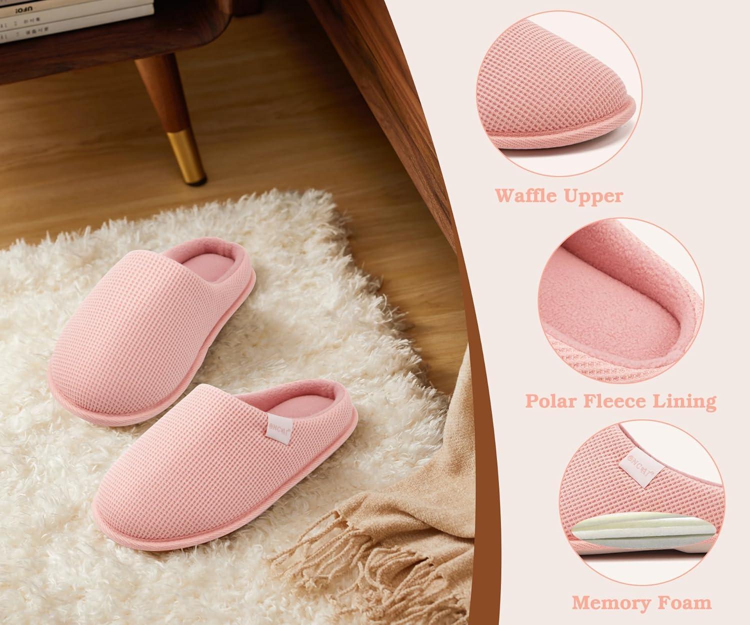 image:imageONCAI Womens House Slippers Cushion Memory Foam Waffle Upper Home Comfortable Warm Winter Cozy Soft Lightweight Indoor Best House Shoes Nonslip Rubber Sole US Size 511Light Pink