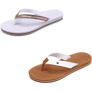 ONCAI Set of 2 Pairs US Size 8,Womens Flip Flops Arch Support(White/Khaki) and Women’s Flip Flops with Rhinestone(White)