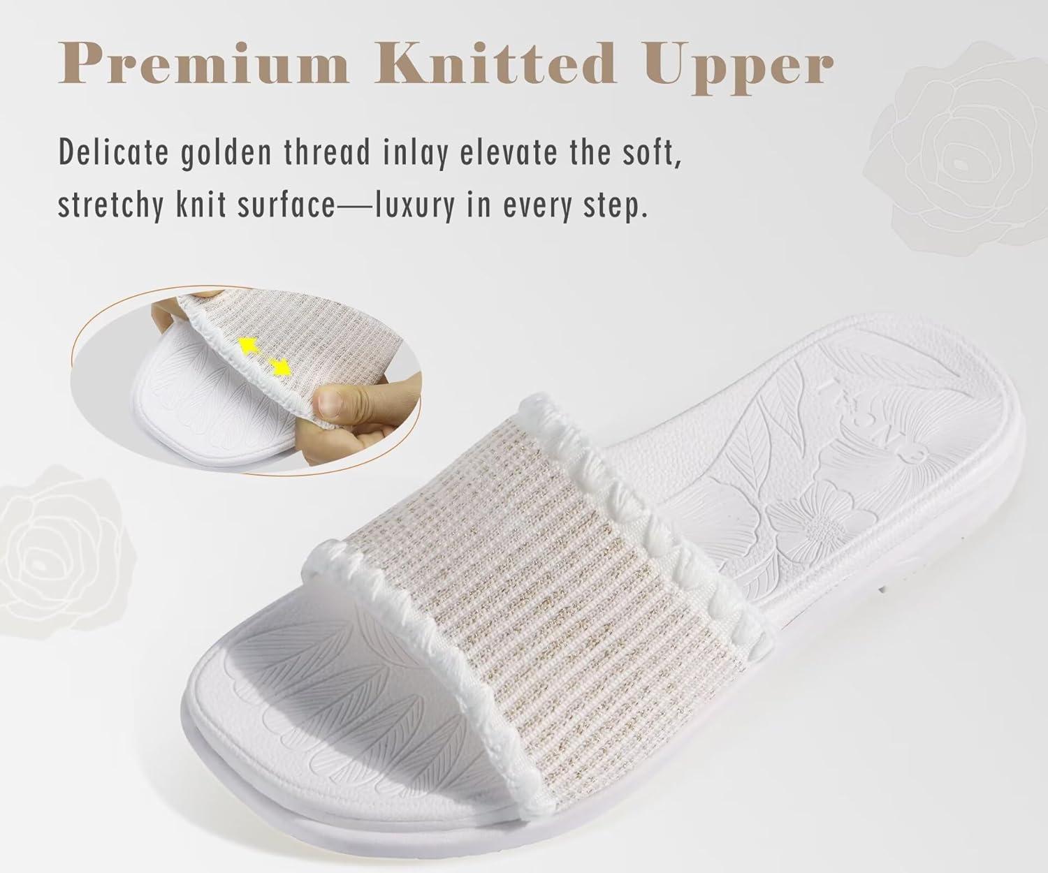 image:imageONCAI Womens Flat Slides Sandals Soft Knitted with Golden Thread Inlay Summer Vacation Walking Sandalias Mujer with Outdoor Rubber Soles US Size 611All White
