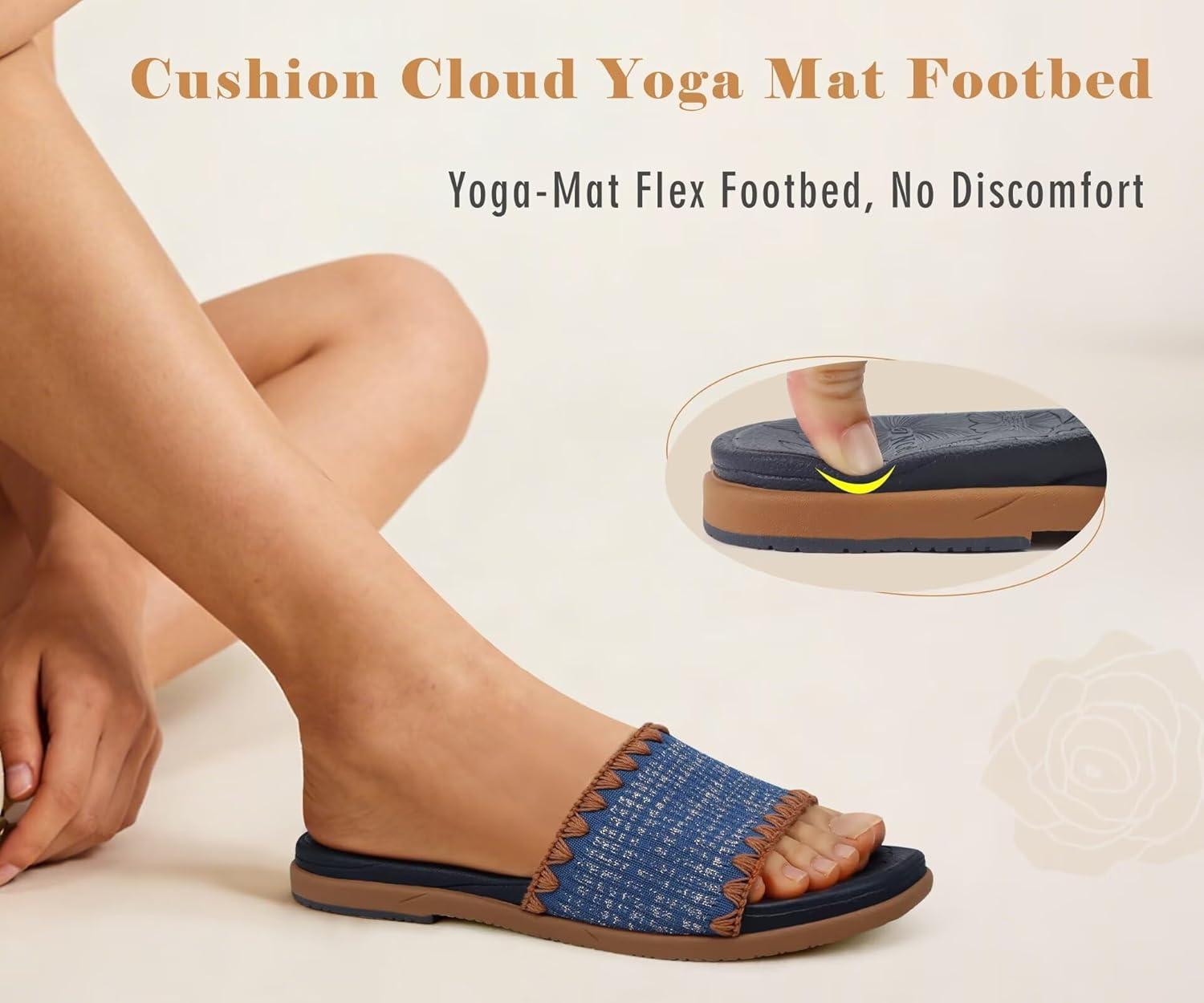 image:imageONCAI Womens Flat Slides Sandals Soft Knitted with Golden Thread Inlay Summer Vacation Walking Sandalias Mujer with Outdoor Rubber Soles US Size 611BlueKhaki