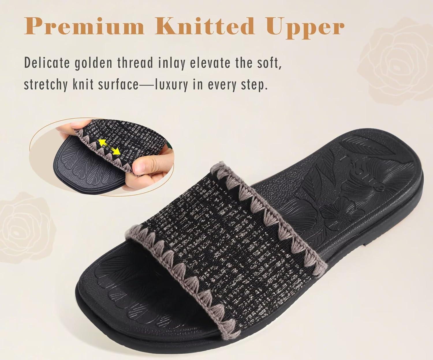 image:imageONCAI Womens Flat Slides Sandals Soft Knitted with Golden Thread Inlay Summer Vacation Walking Sandalias Mujer with Outdoor Rubber Soles US Size 611Black
