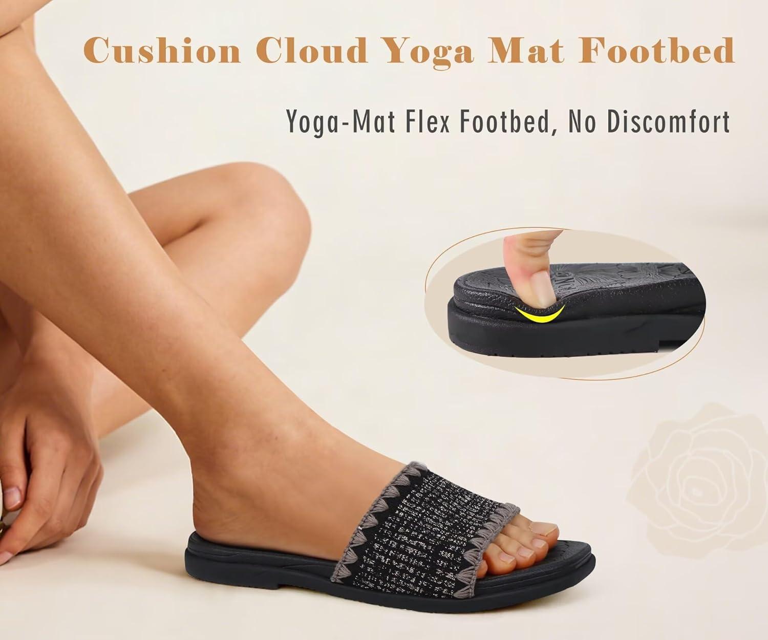 image:imageONCAI Womens Flat Slides Sandals Soft Knitted with Golden Thread Inlay Summer Vacation Walking Sandalias Mujer with Outdoor Rubber Soles US Size 611Black