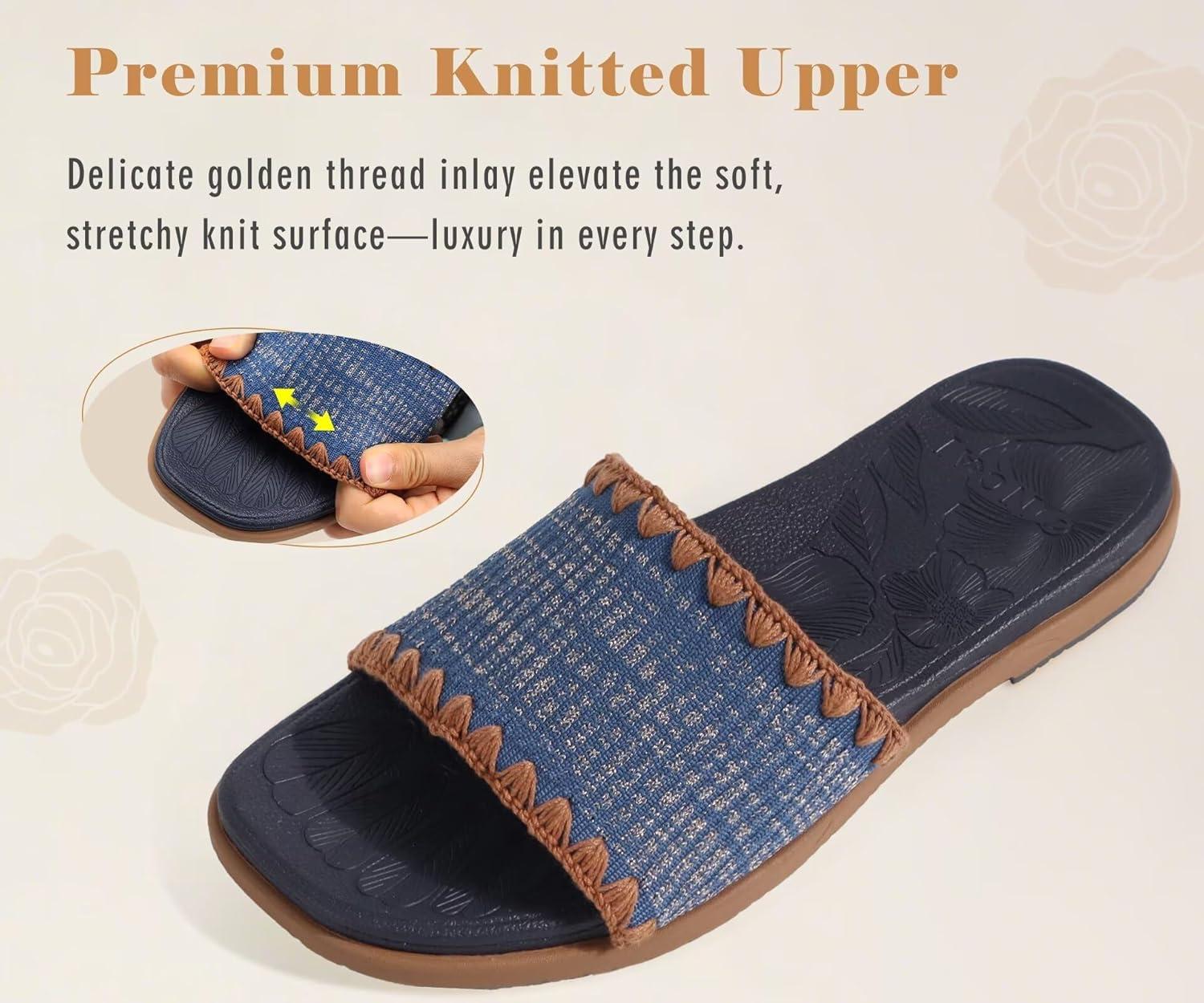 image:imageONCAI Womens Flat Slides Sandals Soft Knitted with Golden Thread Inlay Summer Vacation Walking Sandalias Mujer with Outdoor Rubber Soles US Size 611BlueKhaki