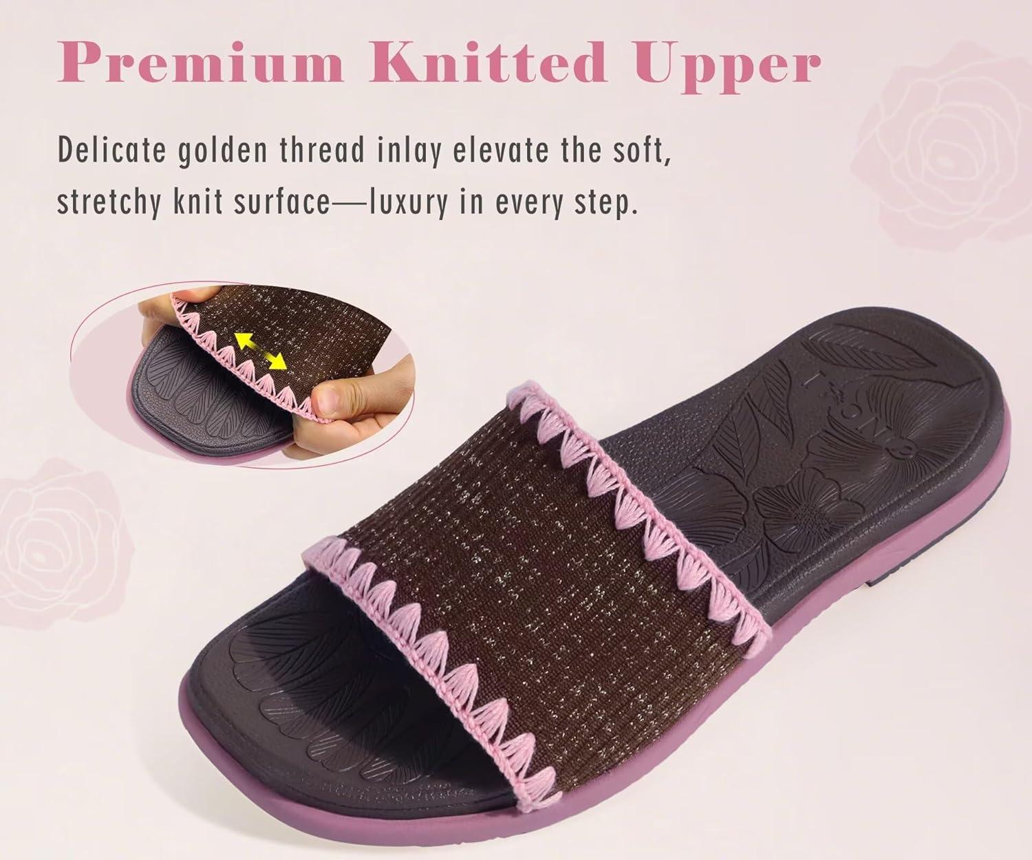 image:imageONCAI Womens Flat Slides Sandals Soft Knitted with Golden Thread Inlay Summer Vacation Walking Sandalias Mujer with Outdoor Rubber Soles US Size 611BrownPink